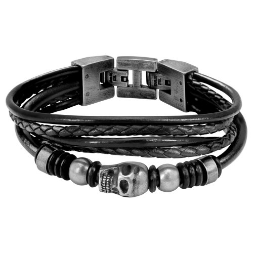 Bracelet Homme  ROCHET FURY HB6401 - tete de mort et perles acier vintage sur multiliens cuir noir