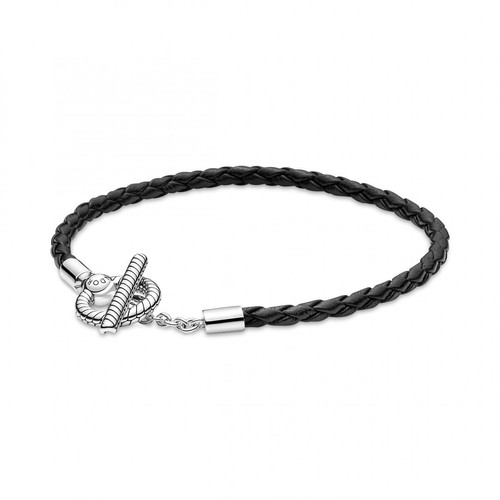 Pandora - Bracelet en Cuir Tressé avec Fermoir T Pandora Moments - Bracelet Cuir Noir