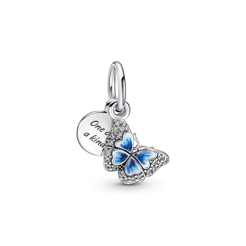Pandora - Charm double pendant Pandora Moments Papillon bleu scintillant & Citation - Bijoux Femme