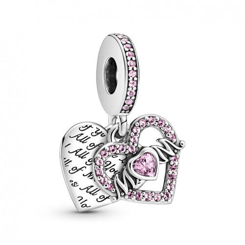 Pandora - Charm Double Pendant Cœur gravé & Cœur Mum cristaux rose Pandora Passions - Charm pandora coeur