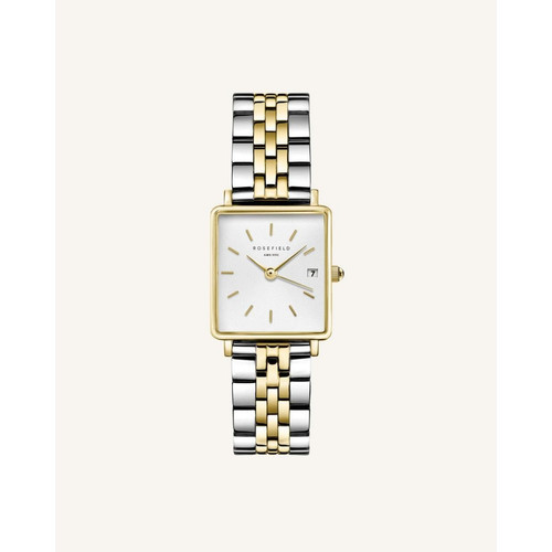 Montre Rosefield QMWSSG-Q023 - Boîtier métal doré brillant cadran blanc avec dateur bracelet acier bicolore doré Femme