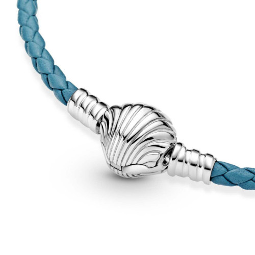 Bracelet Pandora Moments en Cuir Tressé Turquoise Fermoir Coquillage