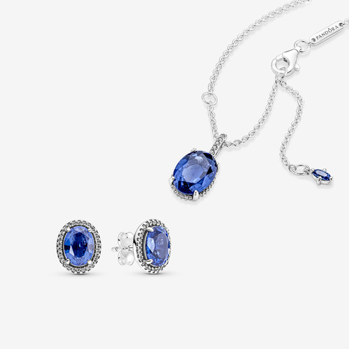 Pandora - Collier & pendentif ovale bleu + Clous d'oreilles ovale bleu scintillants Pandora Timeless - Bijoux Pandora Soldes