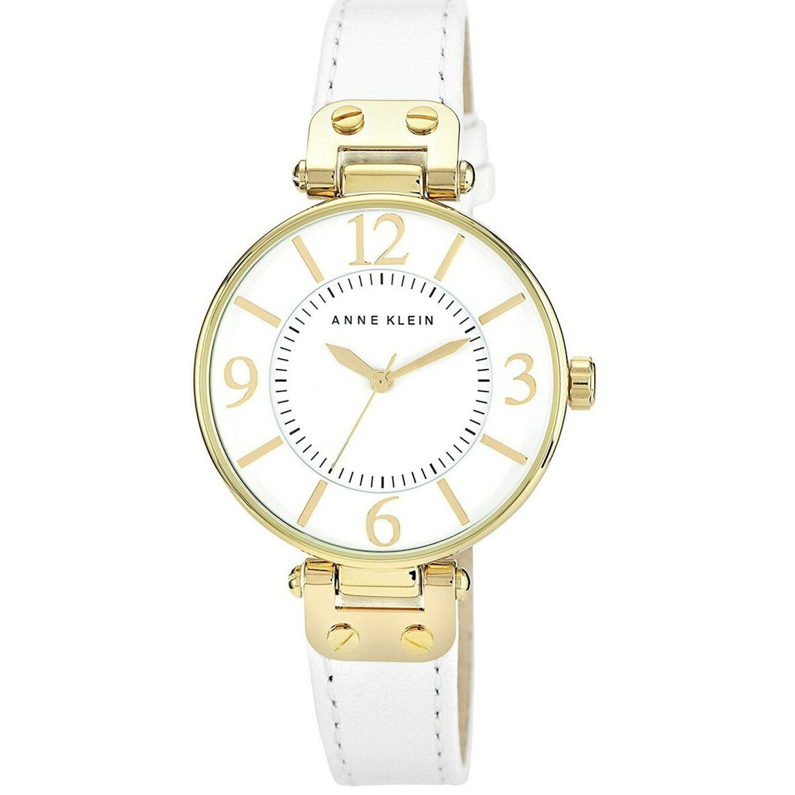 montre anne klein ak-9168wtwt - bracelet cuir blanc boîtier aluminium doré femme