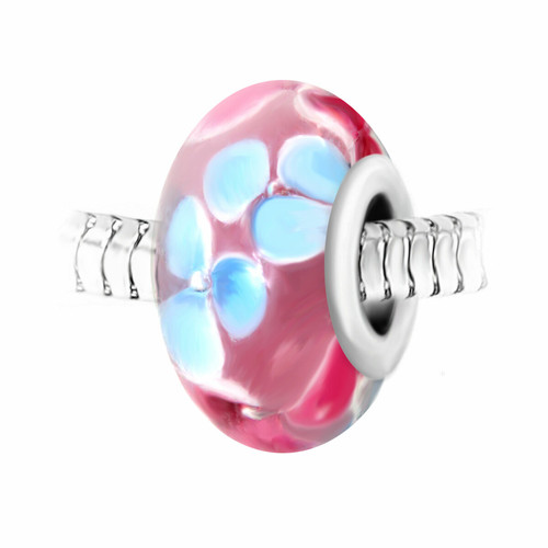 Charm perle rose fleurs verre décoré main et acier par SC Crystal BEA0018