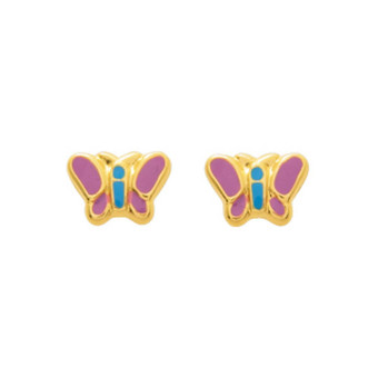 Stella - Boucles d'oreilles Papillons laqués roses et bleus or 750/1000 jaune (18K) - Bijoux Homme