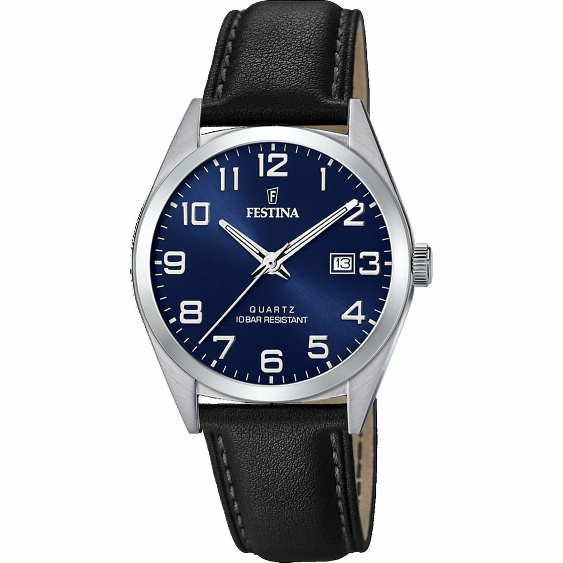 montre festina f20446-2 - classique dateur boîtier acier argenté bracelet cuir noir cadran bleu homme