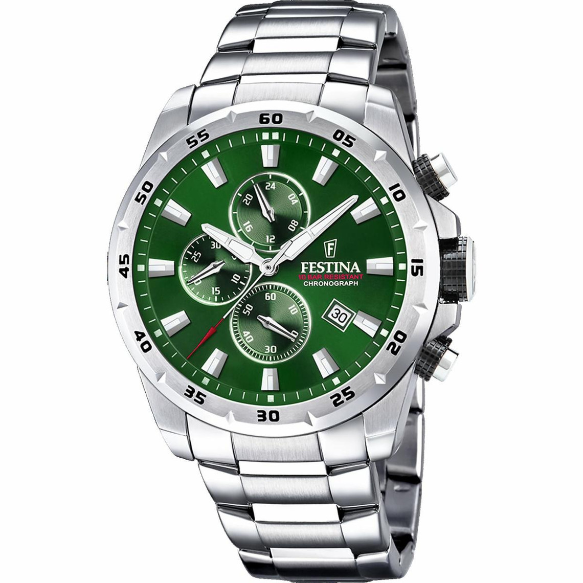 montre homme festina f20463-3 - chrono sport dateur,chronographe acier argenté cadran vert
