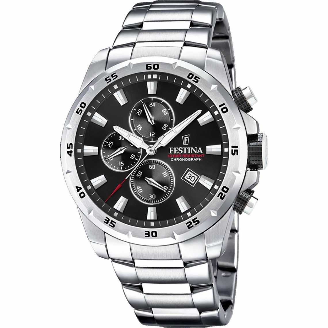 montre festina f20463-4 - chrono sport dateur,chronographe acier argenté cadran noir homme
