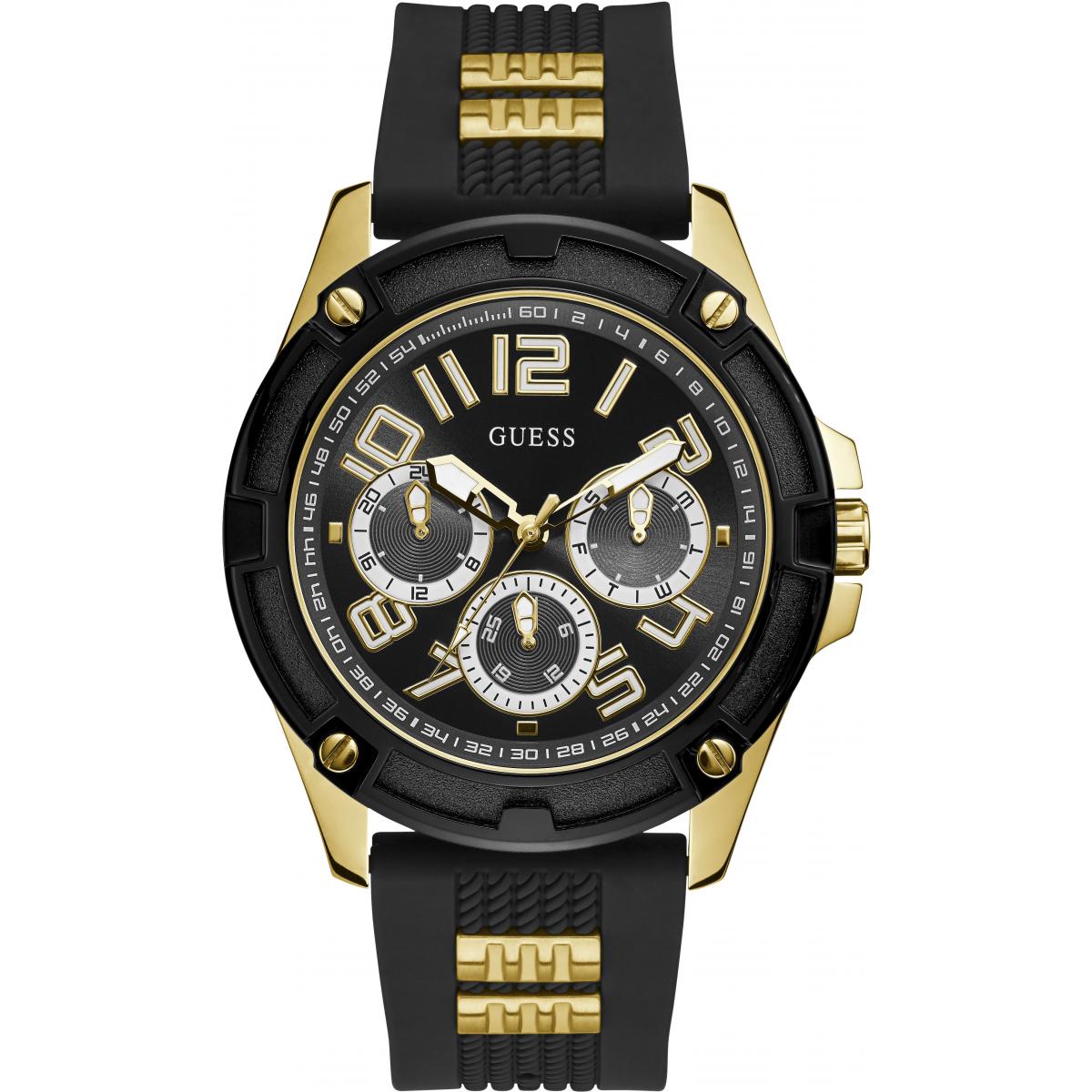 Promo : Montre Guess Montres GW0051G2 - Boîtier acier doré Cadran noir Lunette noir Bracelet silicon