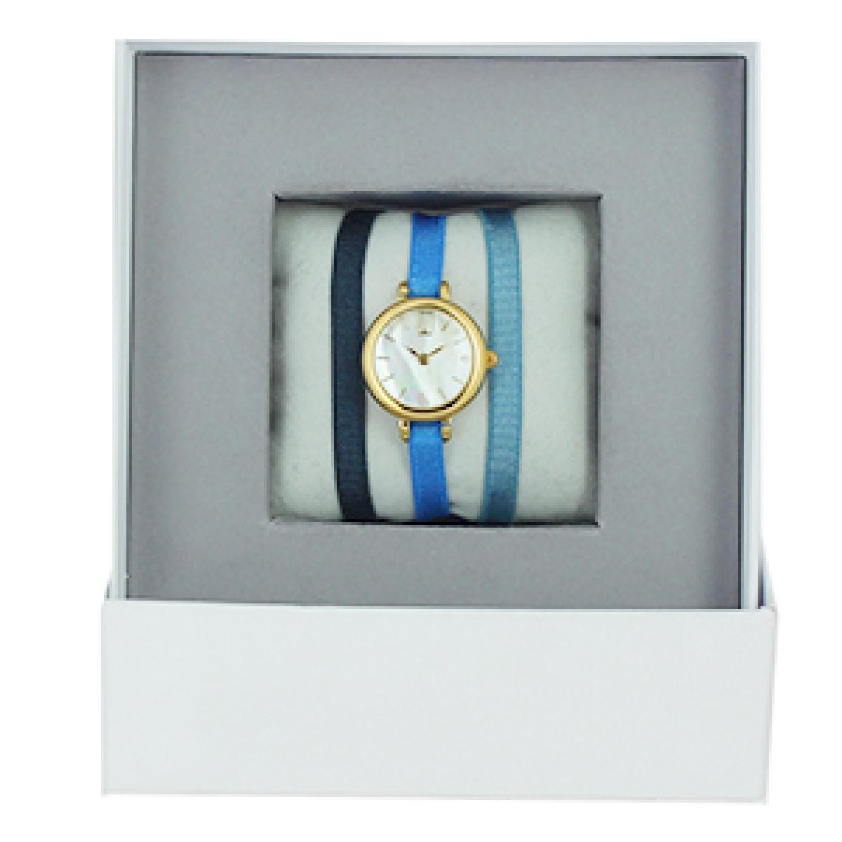 Coffret Les Interchangeables A56810 - Montre Ruban Bracelet Bleu Boîtier Doré Jaune Femme