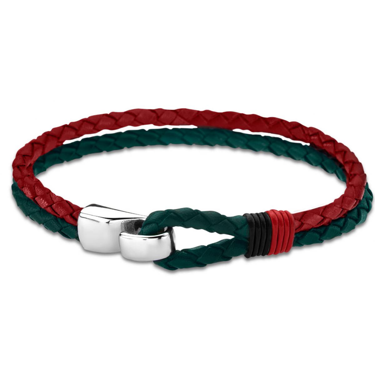 Bracelet Lotus Style LS1813-2-1 - Bracelet Urban Man Cuir Tressé Double Rouge Et Vert Crochet En Aci