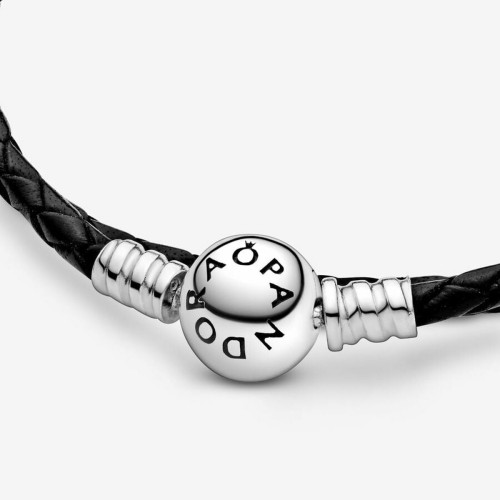 Bracelet Double  tresse en Cuir Noir Pandora Bijoux