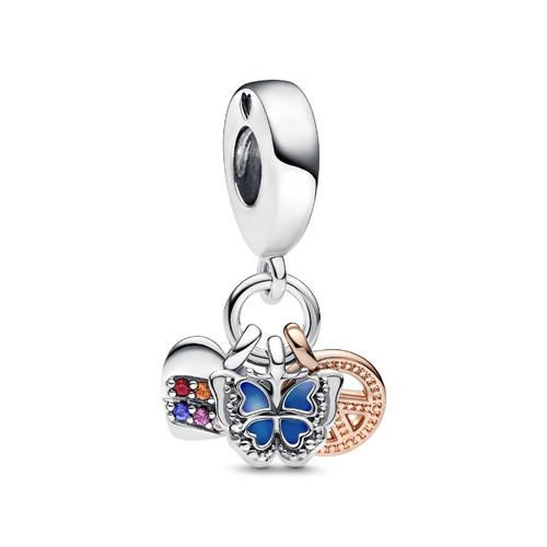 Charm Pendant Triple Bimatière Pandora - Cœur Arc-en-Ciel, Papillon et Symbole de Paix