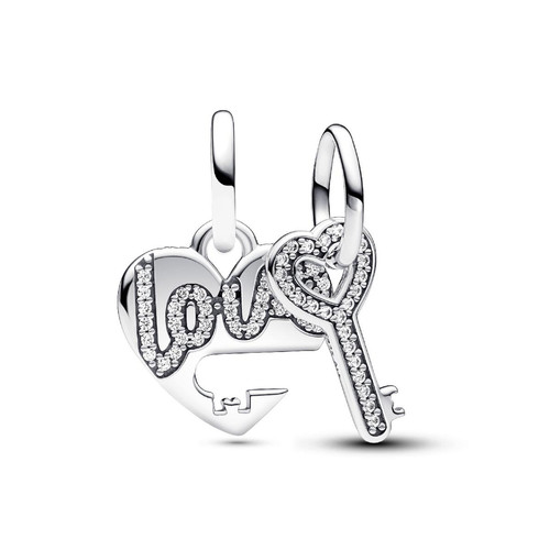 Pandora - Love heart and key sterling silver splittable dangle with clear cubic zirconia - Bijoux pandora argent
