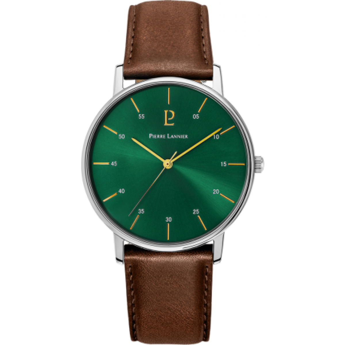 Montre Pierre Lannier 236C174 - CITYLINE Boîtier acier poli cadran vert bracelet cuir brun Homme
