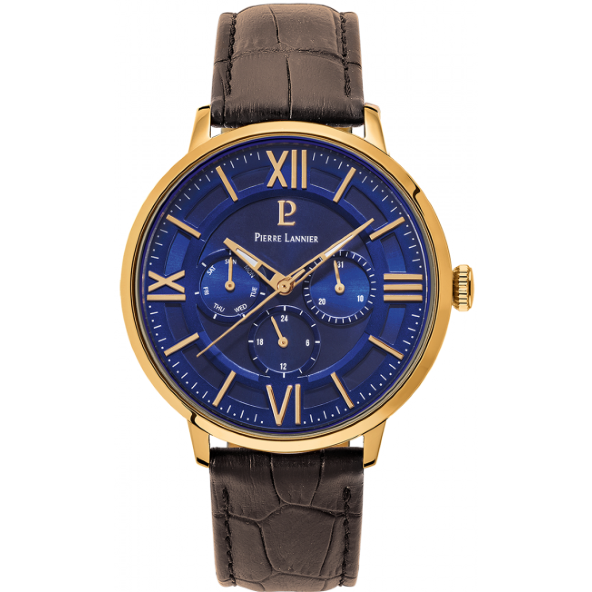 Montre Pierre Lannier 254C064 - BEAUCOUR Multifonctions Boîtier acier doré poli cadran bleu bracelet