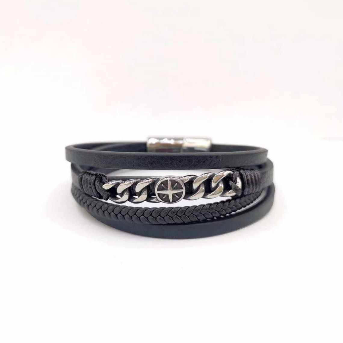 bracelet redskins bijoux 285602 - homme noir en cuir tressé et acier - chaînettes gourmette et rose des vents