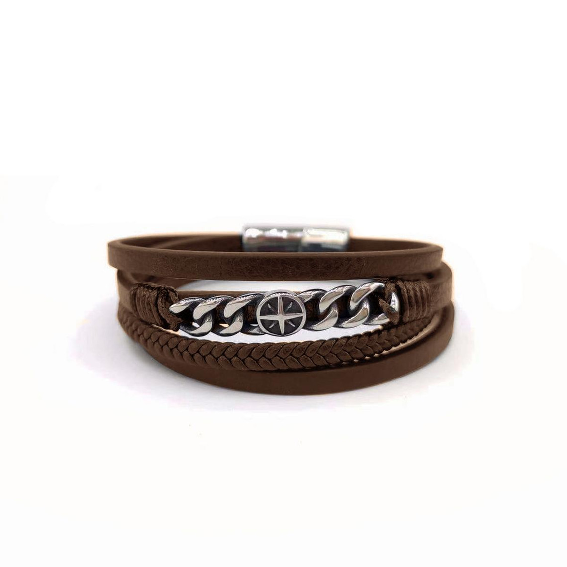bracelet redskins bijoux 285603 - homme marron en cuir tressé et acier - chaînette gourmette et rose des vents