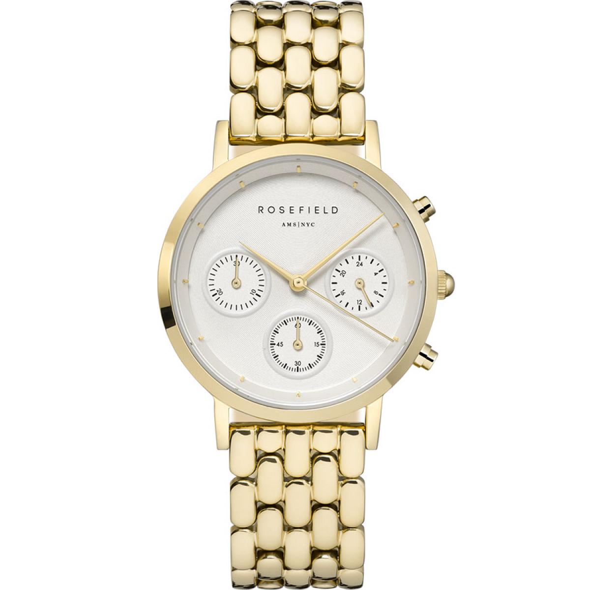Promo : Montre Rosefield NWG-N90 - Boîtier métal doré brillant cadran blanc chronographe bracelet ac
