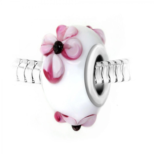 So Charm Bijoux - Charm perle blanc fleurs roses verre décoré main et acier par SC Crystal - Promo montre et bijoux 30 40
