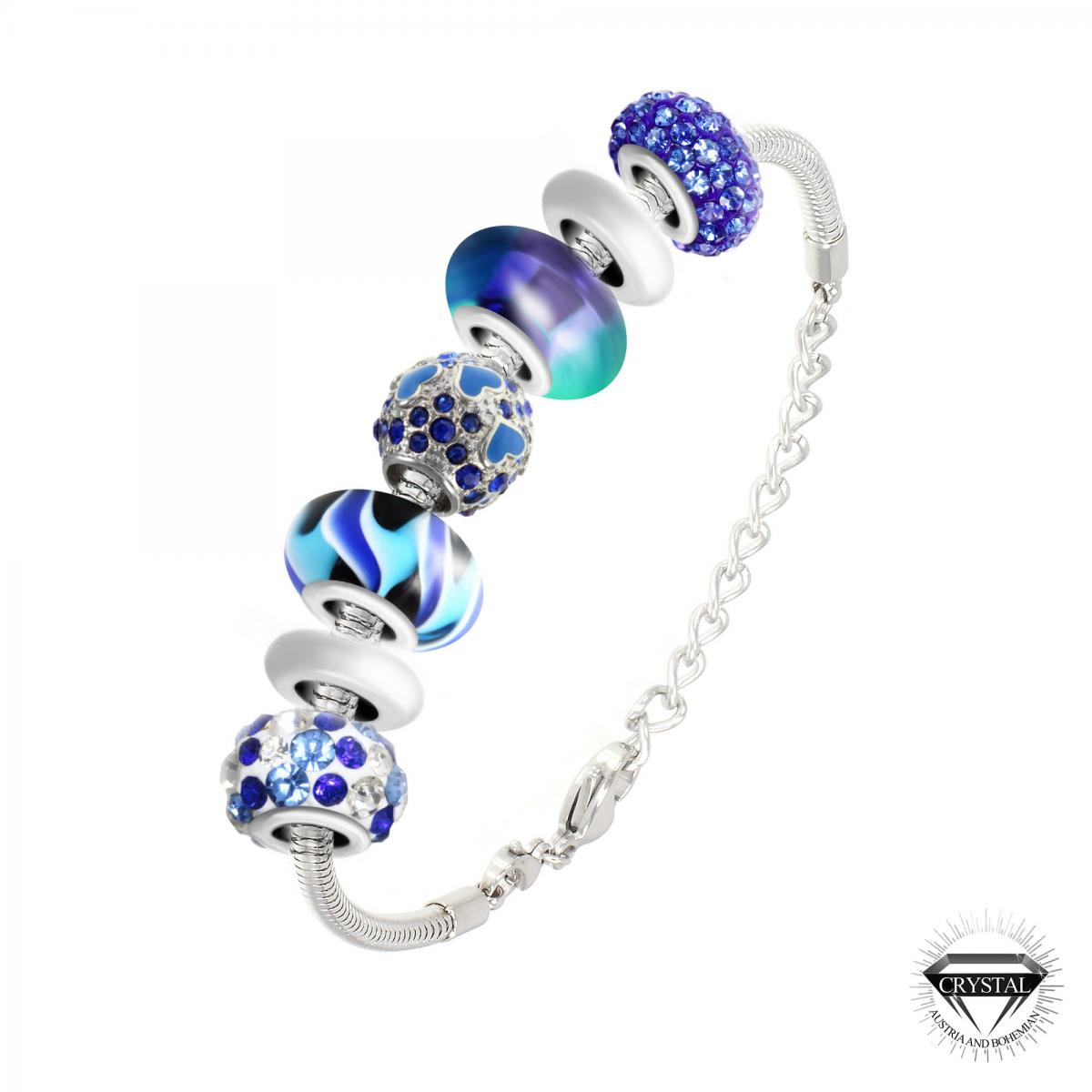 Promo : Bracelet de charms perles bleus et acier SC Crystal SB050+112+43+93+209-BLEU+146+43+34