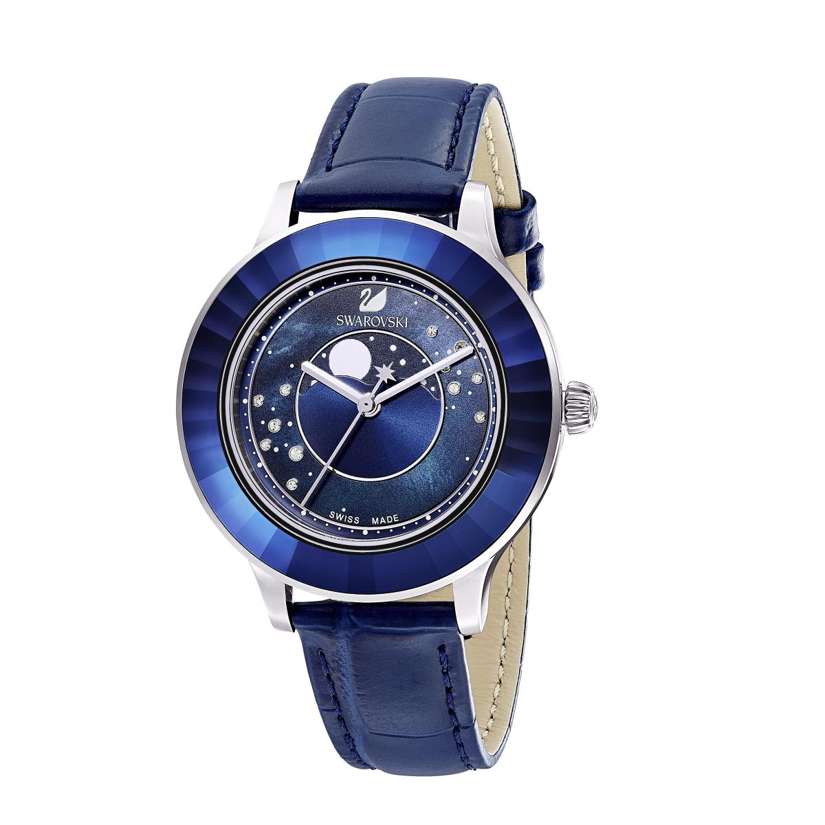 Montre Swarovski 5516305 - Octea Lux Cadran Phase Lune Bracelet Cuir Bleu  Lunette Cristal Dark Indigo Femme