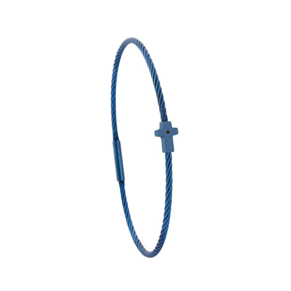 Bracelet acier bleu motif croix avec diamant noir 1 mm