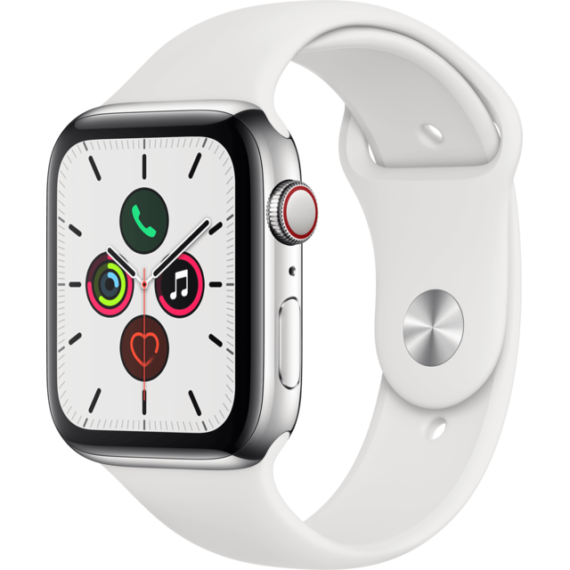 Apple - Watch 5 - 44 - Cellular - Acier / Bracelet Sport Blanc - Montre connectee homme