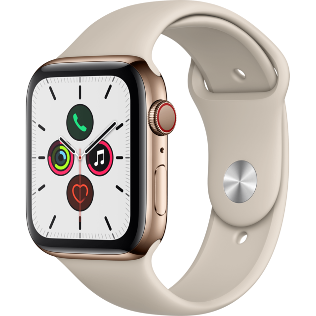 Apple - Watch 5 - 44 - Cellular - Acier or / Bracelet Sport Gris sable - Montre connectee homme
